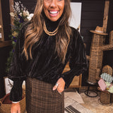 Black Velvet Smocked High Neck Blouse