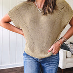 Olive woven drop shoulder sweater blouse with short sleeves and V shaped design n the front.