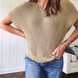 Olive woven drop shoulder sweater blouse with short sleeves and V shaped design n the front.