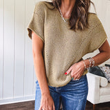 Olive woven drop shoulder sweater blouse with short sleeves and V shaped design n the front.