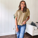 Olive woven drop shoulder sweater blouse with short sleeves and V shaped design n the front.