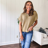 Olive woven drop shoulder sweater blouse with short sleeves and V shaped design n the front.