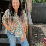 Dry Herb Aztec Print Button Down Silk Blouse