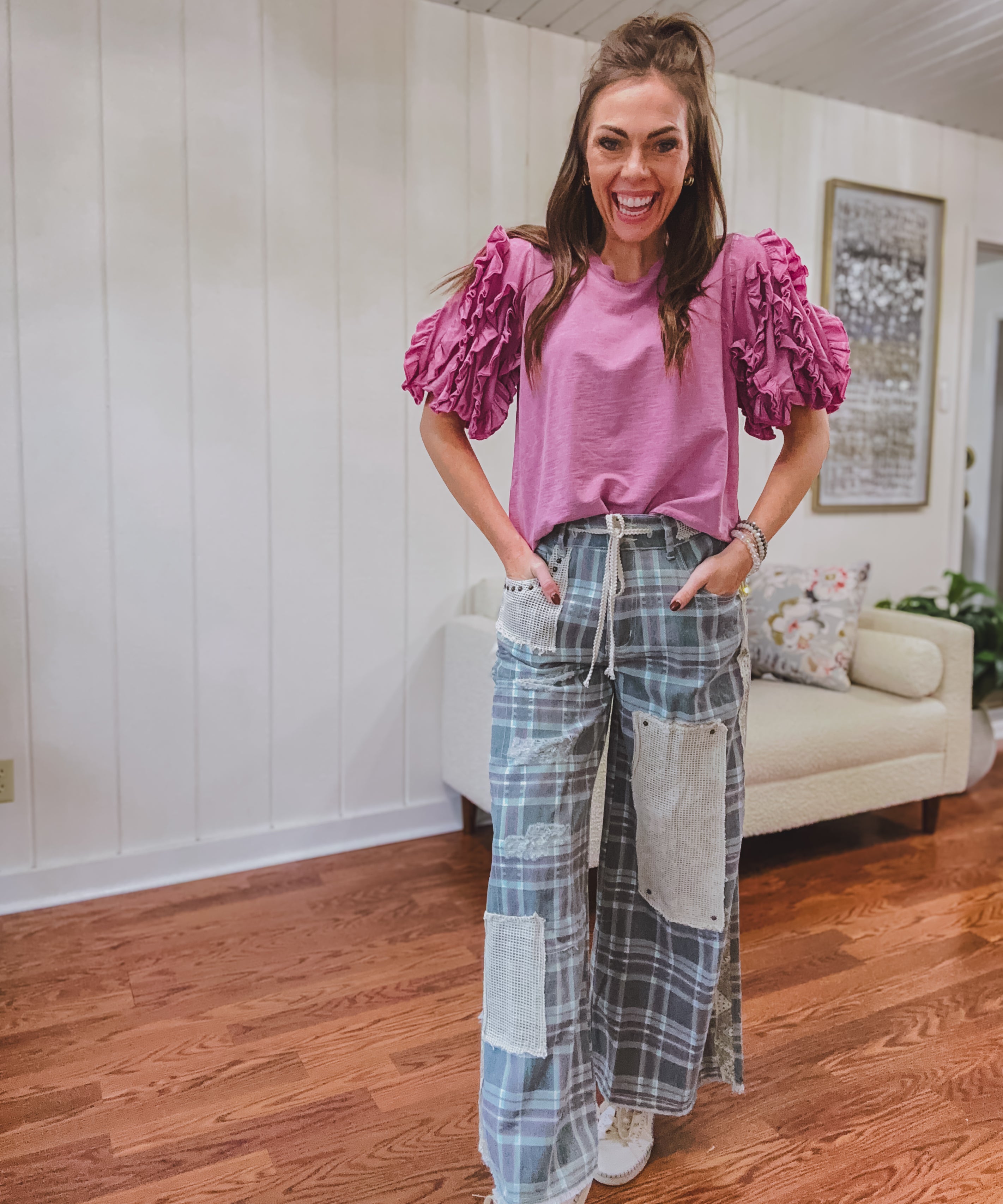 Teal and pink plaid denim-like pants with lace drawstring and patchwork and distressing throughout, raw hem and wide leg.
