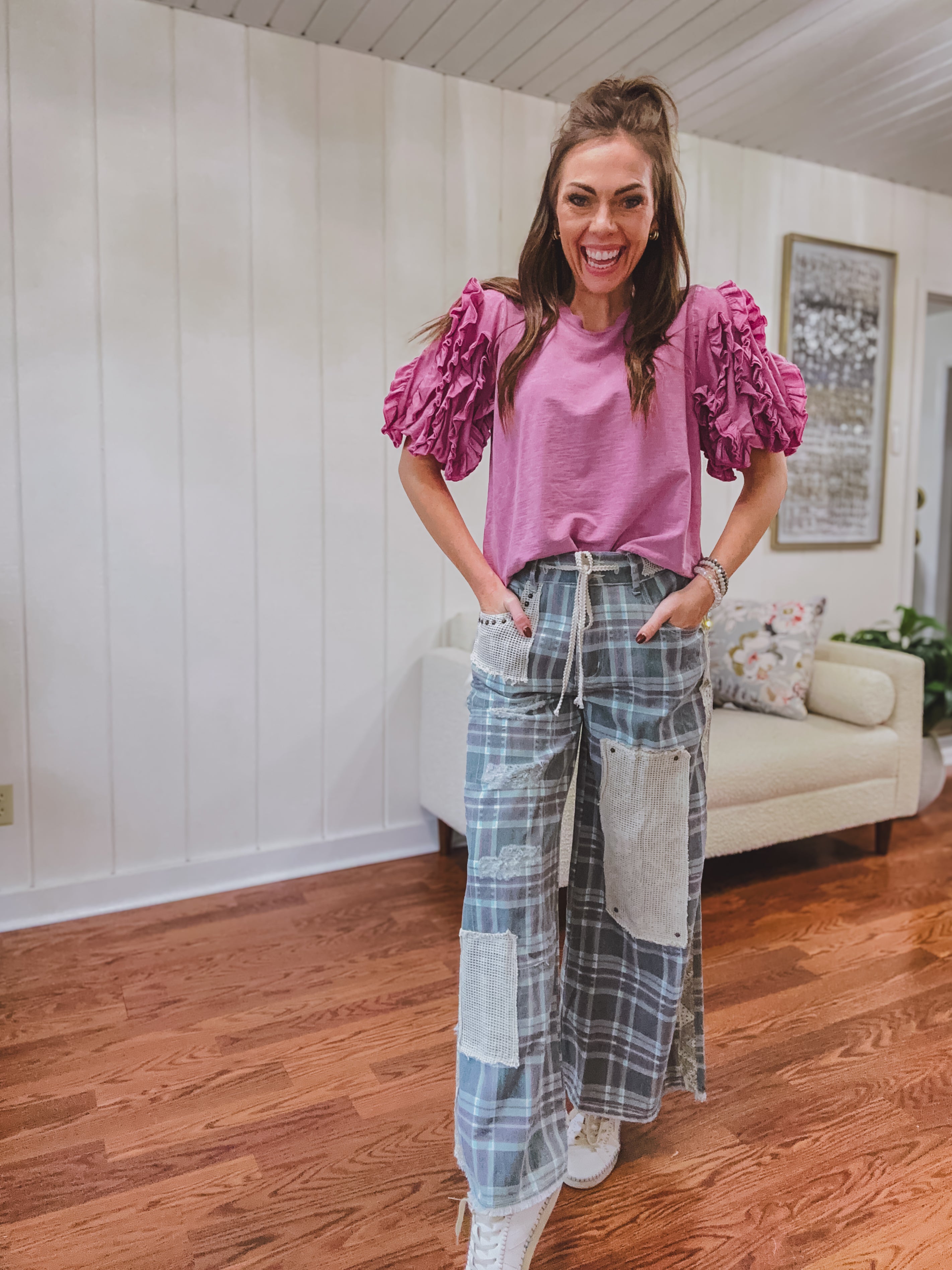 Teal Plaid + Lace Patchwork Pant