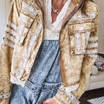 Lightweight antique bronze washed zip up denim jacket with exposed seams, ivory lace detail throughout, 3D pockets on the front, strap adjustable cuffs and lace trim at the hem.
