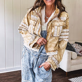 Lightweight antique bronze washed zip up denim jacket with exposed seams, ivory lace detail throughout, 3D pockets on the front, strap adjustable cuffs and lace trim at the hem.