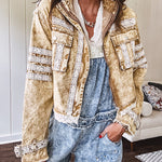 Lightweight antique bronze washed zip up denim jacket with exposed seams, ivory lace detail throughout, 3D pockets on the front, strap adjustable cuffs and lace trim at the hem.