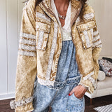 Lightweight antique bronze washed zip up denim jacket with exposed seams, ivory lace detail throughout, 3D pockets on the front, strap adjustable cuffs and lace trim at the hem.