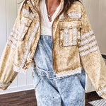 Lightweight antique bronze washed zip up denim jacket with exposed seams, ivory lace detail throughout, 3D pockets on the front, strap adjustable cuffs and lace trim at the hem.