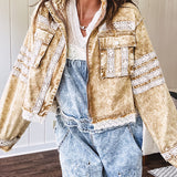 Lightweight antique bronze washed zip up denim jacket with exposed seams, ivory lace detail throughout, 3D pockets on the front, strap adjustable cuffs and lace trim at the hem.