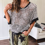 Cream and black striped open weave pullover with contrasting black trim at the short sleeve cuffs and round neck with a slouchy fit.