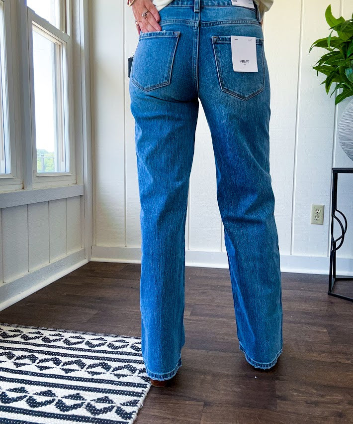 Medium wash wide leg high rise denim with no distressing and finished hem.