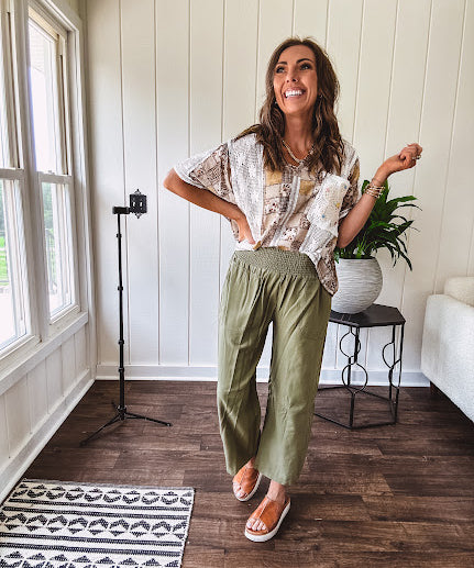 Lightweight and flowy beige patchwork printed tee with V neck, raw seams and cream lace inserts and floral crochet floral patch on the front pocket.