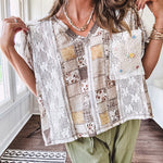 Lightweight and flowy beige patchwork printed tee with V neck, raw seams and cream lace inserts and floral crochet floral patch on the front pocket.
