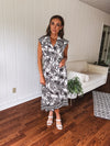 Black + White Tropical Button Front Midi with Waist Tie