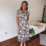 Black + White Tropical Button Front Midi with Waist Tie