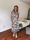 Black + White Tropical Button Front Midi with Waist Tie