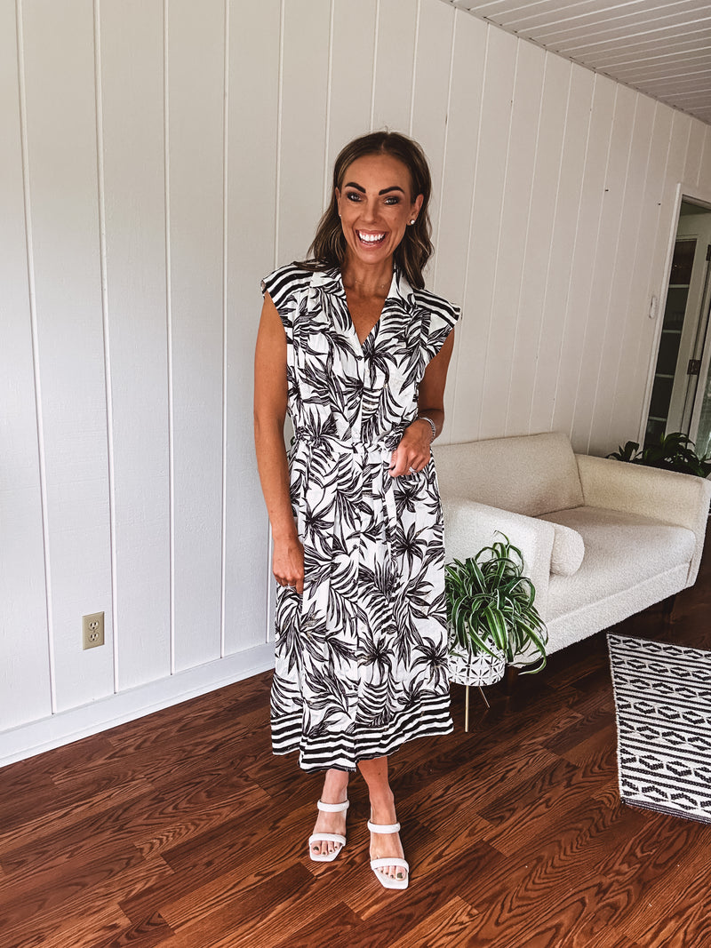Black + White Tropical Button Front Midi with Waist Tie