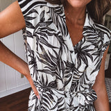 Black + White Tropical Button Front Midi with Waist Tie