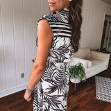 Black + White Tropical Button Front Midi with Waist Tie