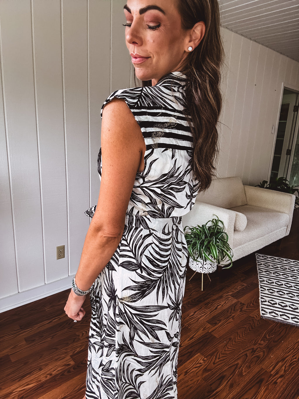 Black + White Tropical Button Front Midi with Waist Tie
