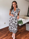 Black + White Tropical Button Front Midi with Waist Tie