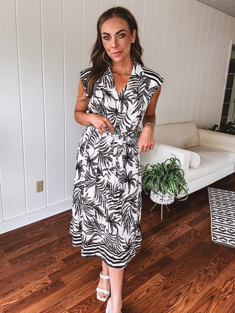 Black + White Tropical Button Front Midi with Waist Tie