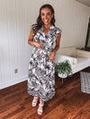 Black + White Tropical Button Front Midi with Waist Tie