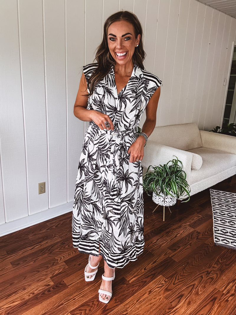 Black + White Tropical Button Front Midi with Waist Tie