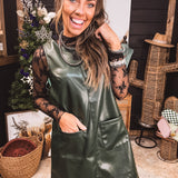 Dark Green Faux Leather Scoop Back Dress