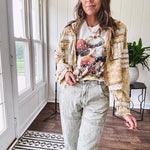 Soft oatmeal tee with retro inspired mushrooms in washed teal, red, spice and yellow with florals throughout and dotted with rhinestones.