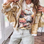 Soft oatmeal tee with retro inspired mushrooms in washed teal, red, spice and yellow with florals throughout and dotted with rhinestones.