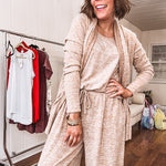 Soft knit 3 piece set featuring a heathered taupe color, a tank, an open front cardigan and wide leg elastic waist pants.