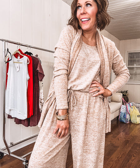 Soft knit 3 piece set featuring a heathered taupe color, a tank, an open front cardigan and wide leg elastic waist pants.