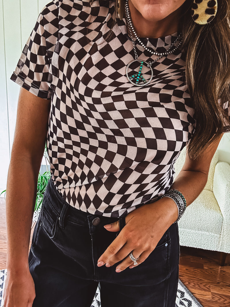 Black & White Checker Short Sleeve Mesh