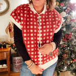 Burgundy and ivory window pane checkered sherpa vest with zipper front.