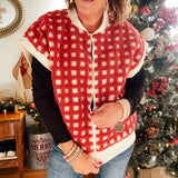 Burgundy and ivory window pane checkered sherpa vest with zipper front.