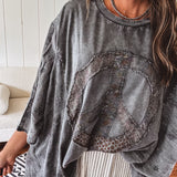 Black Washed Peace Patch Batwing Sleeve Boho Top