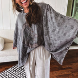 Black Washed Peace Patch Batwing Sleeve Boho Top
