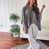 Black Washed Peace Patch Batwing Sleeve Boho Top