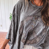 Black Washed Peace Patch Batwing Sleeve Boho Top