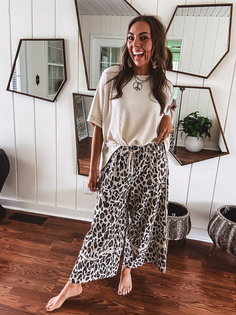 Washed Animal Print Wide Leg Pant