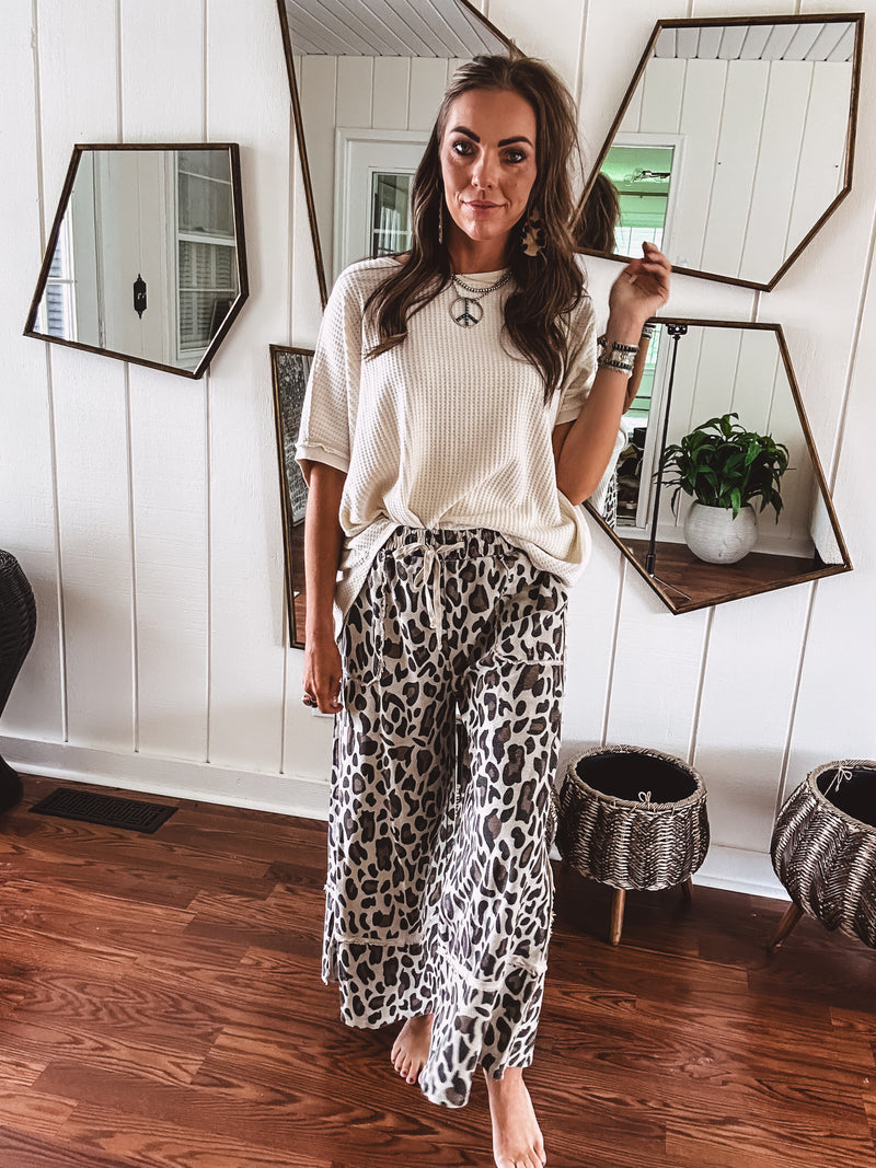 Washed Animal Print Wide Leg Pant