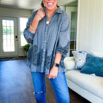 Lightweight washed long sleeved button down top with pleating at the yoke, lace detail on the sleeves and above the hem and elastic cuffs, flowy design.