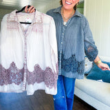 Lightweight washed long sleeved button down top with pleating at the yoke, lace detail on the sleeves and above the hem and elastic cuffs, flowy design.