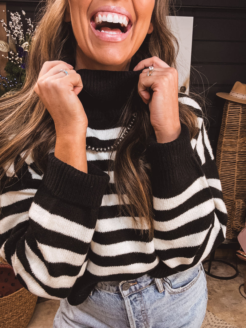 Black & Cream Stripe Cowl Neck Sweater