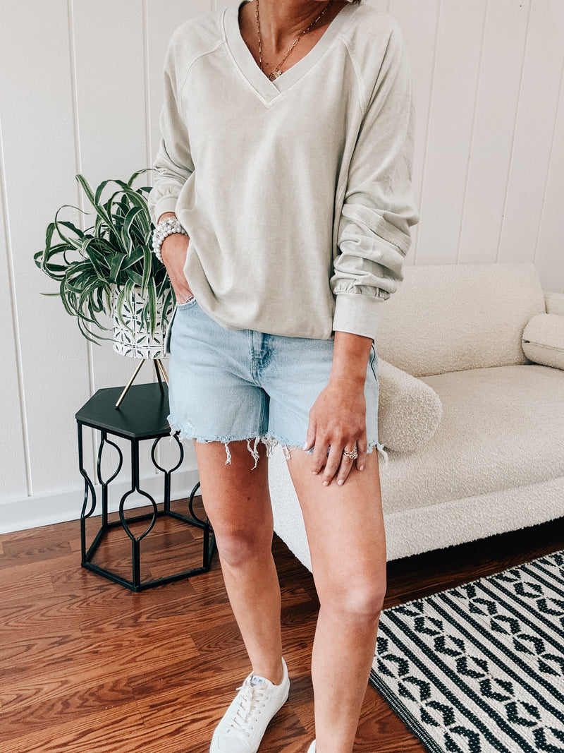 Oatmeal V Neck Exposed Seam Pullover