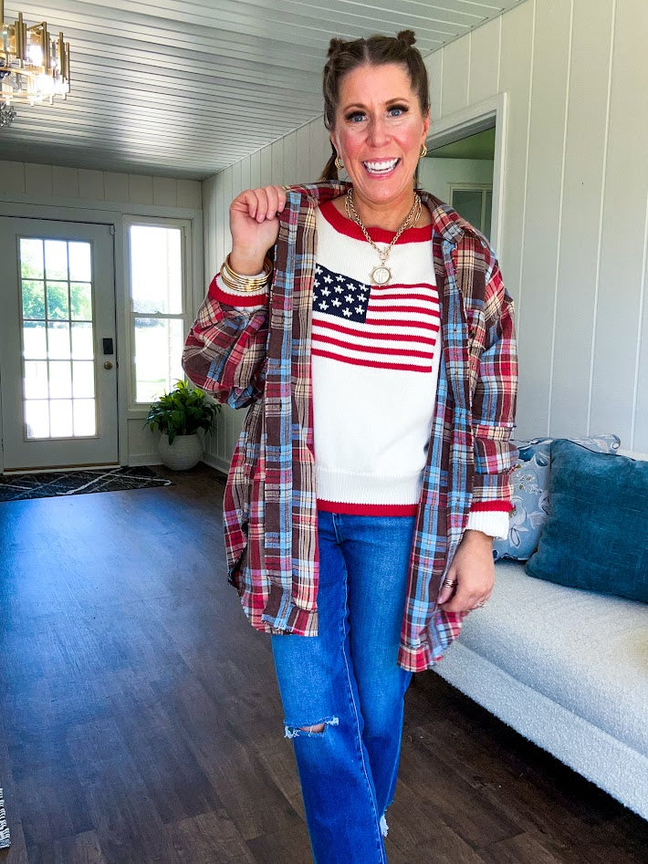 Oversized red, brown and blue plaid button down top.