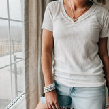 V Neck Ribbed Contrast Stitch Tee
